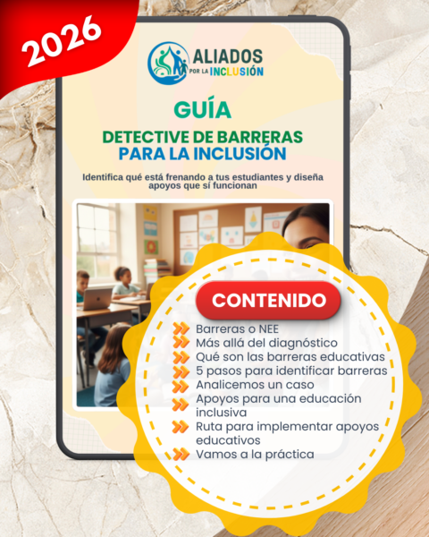Contenido de la guía Detective de Barreras con temas y pasos para inclusión educativa