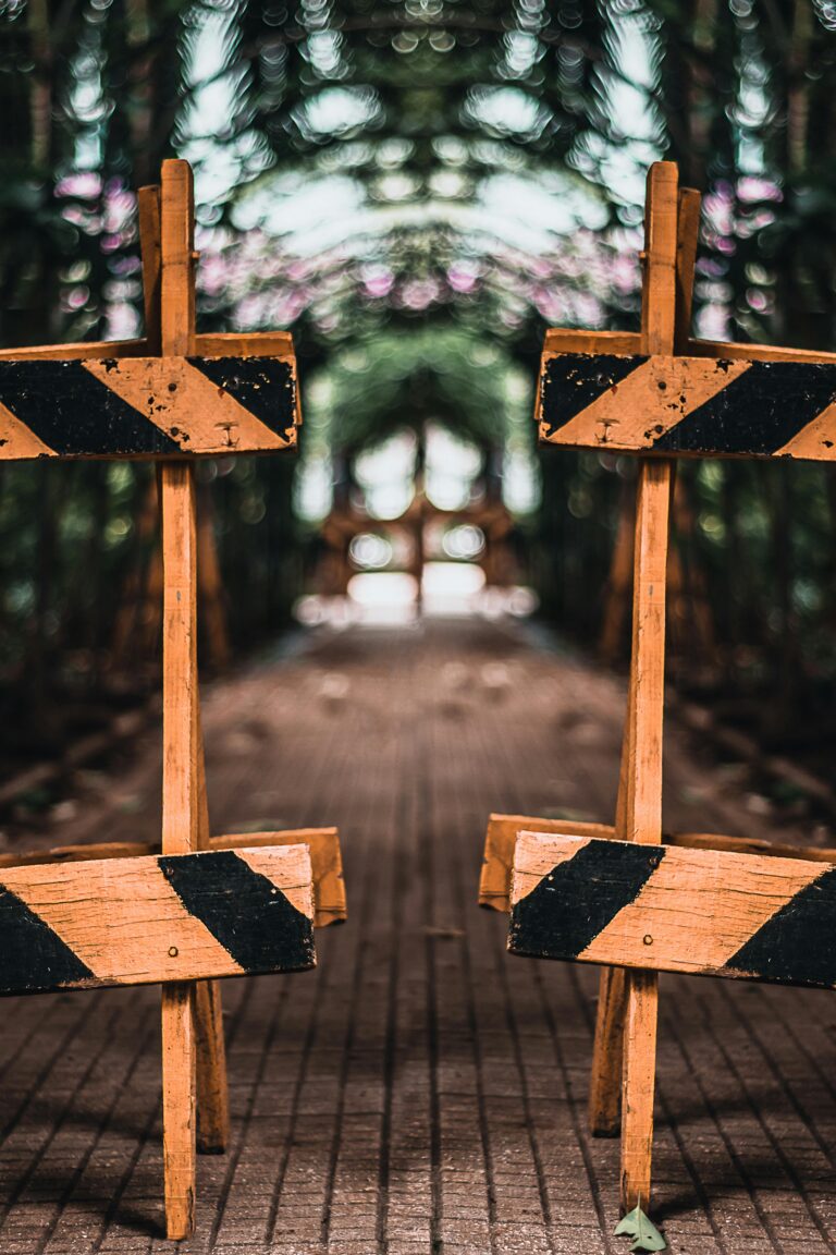 Symmetrical view of wooden barriers blocking a tree-lined pathway in a park.